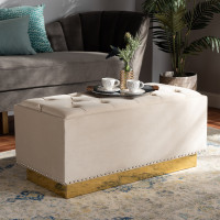 Baxton Studio WS-2019-Beige Velvet/Gold-Otto Powell Glam and Luxe Beige Velvet Fabric Upholstered and Gold PU Leather Storage Ottoman